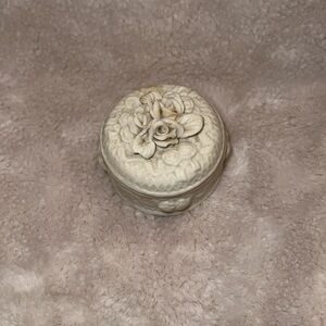 Vintage White Bisque Porcelain Trinket Dish with Roses & Leaves